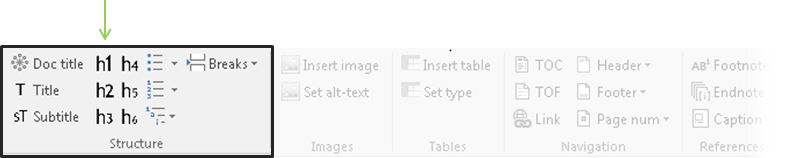 The Structure group has 13 commands: Doc title, Title, Subtitle, h1, h2, h3, h4, h5, h6, Bullets, Numbering, Multilevel List and Breaks.