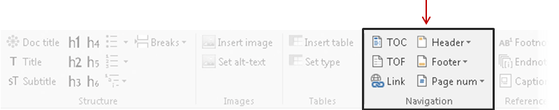 The Navigation group has 6 commands: Table of Contents, Table of Figures, Link, Header, Footer and Page number.