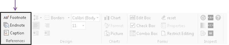 The References group has 3 commands: Footnote, Endnote and Cation.